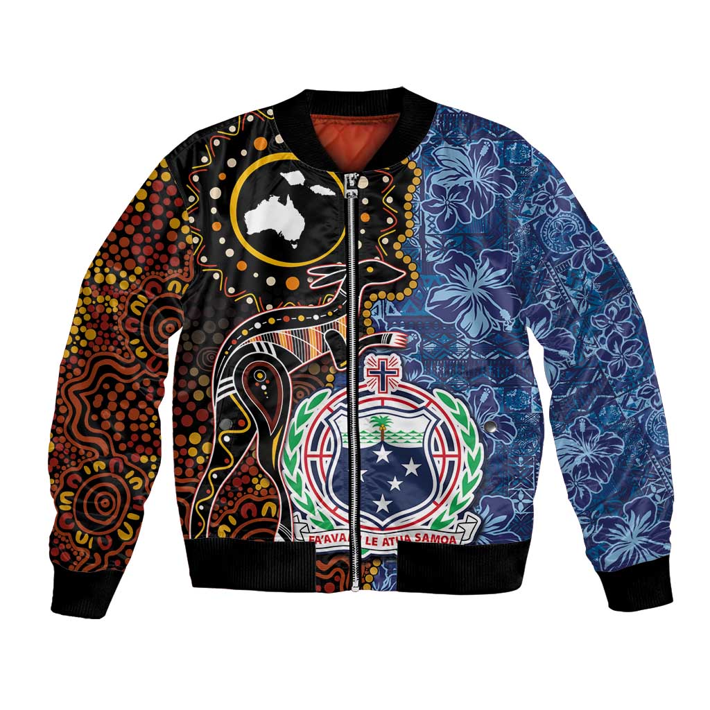 Samoa and Australia Together Bomber Jacket Kangaroo and Tribal Hibiscus Aboriginal Pattern