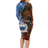 Samoa and Australia Together Family Matching Long Sleeve Bodycon Dress and Hawaiian Shirt Kangaroo and Tribal Hibiscus Aboriginal Pattern