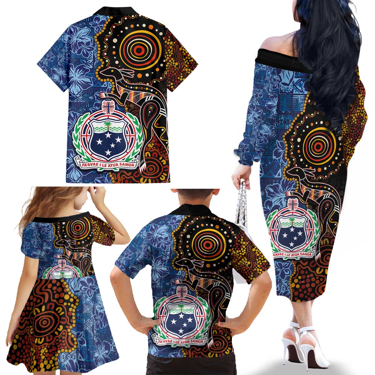 Samoa and Australia Together Family Matching Off The Shoulder Long Sleeve Dress and Hawaiian Shirt Kangaroo and Tribal Hibiscus Aboriginal Pattern