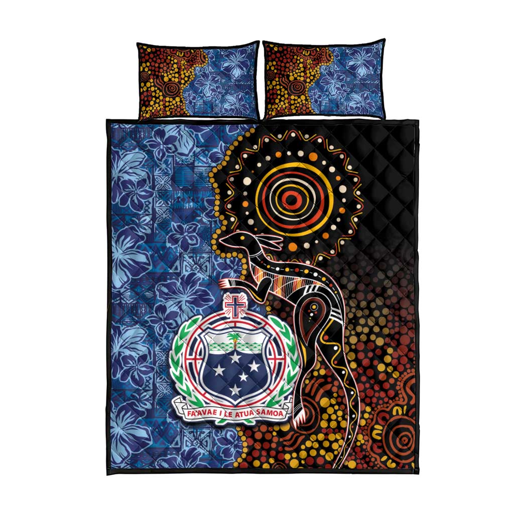 Samoa and Australia Together Quilt Bed Set Kangaroo and Tribal Hibiscus Aboriginal Pattern