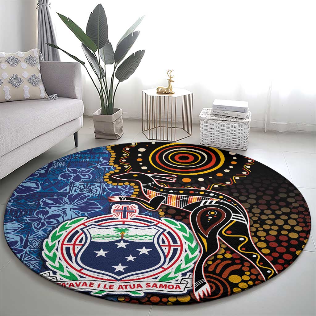 Samoa and Australia Together Round Carpet Kangaroo and Tribal Hibiscus Aboriginal Pattern