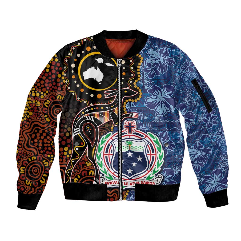 Samoa and Australia Together Sleeve Zip Bomber Jacket Kangaroo and Tribal Hibiscus Aboriginal Pattern