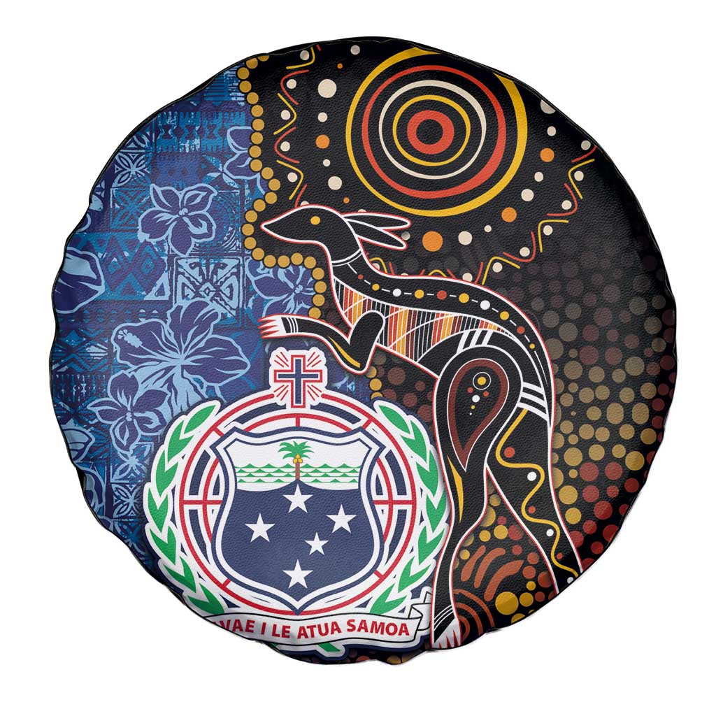 Samoa and Australia Together Spare Tire Cover Kangaroo and Tribal Hibiscus Aboriginal Pattern