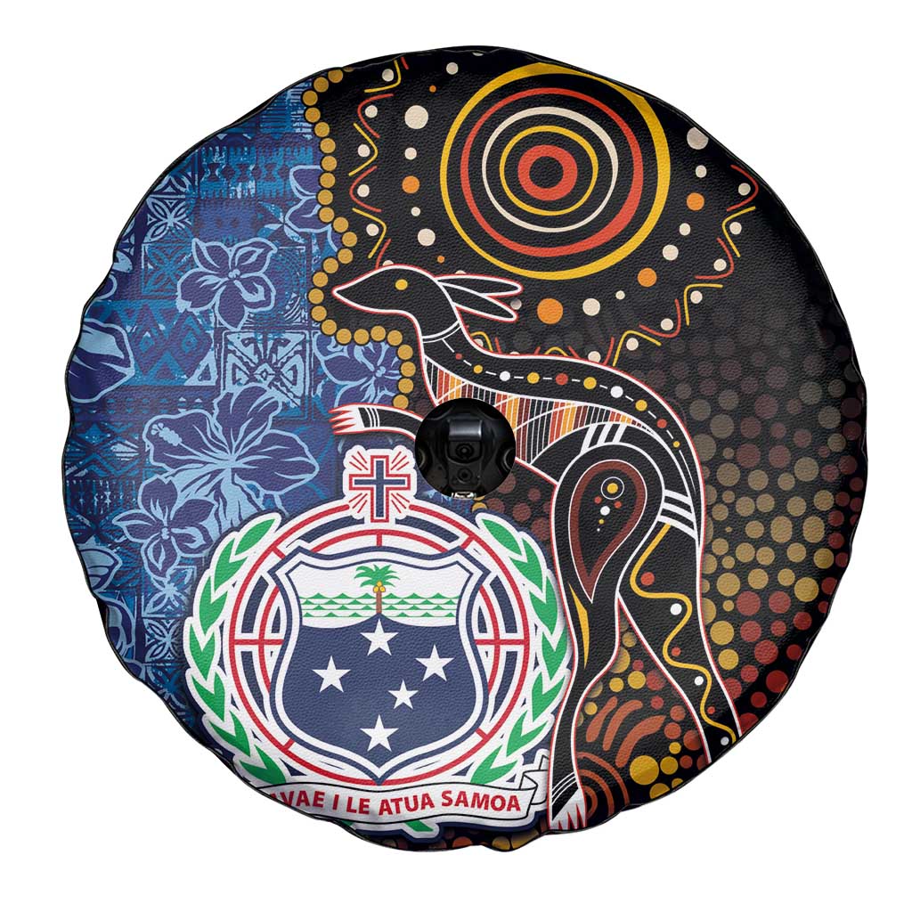 Samoa and Australia Together Spare Tire Cover Kangaroo and Tribal Hibiscus Aboriginal Pattern
