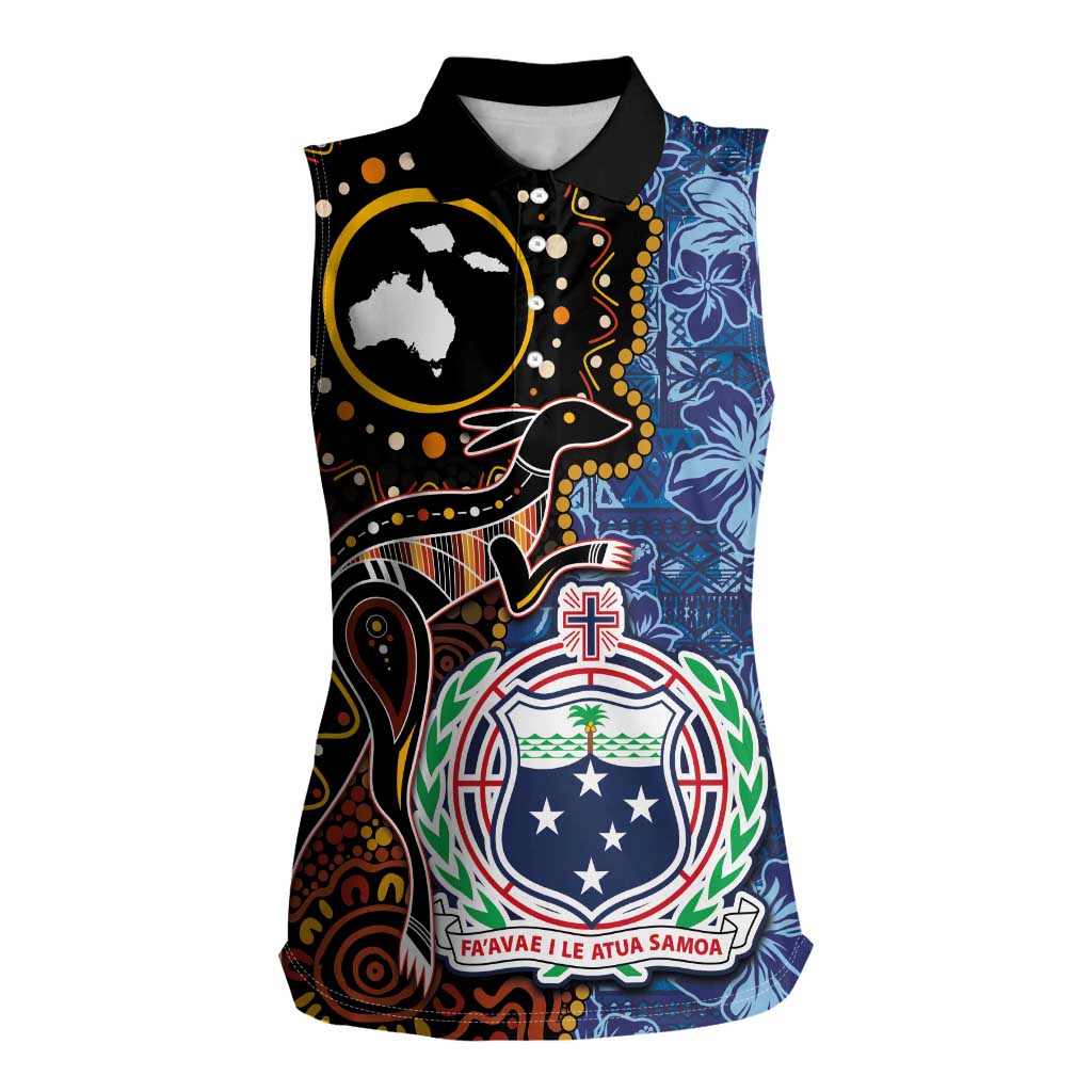 Samoa and Australia Together Women Sleeveless Polo Shirt Kangaroo and Tribal Hibiscus Aboriginal Pattern