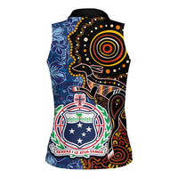 Samoa and Australia Together Women Sleeveless Polo Shirt Kangaroo and Tribal Hibiscus Aboriginal Pattern