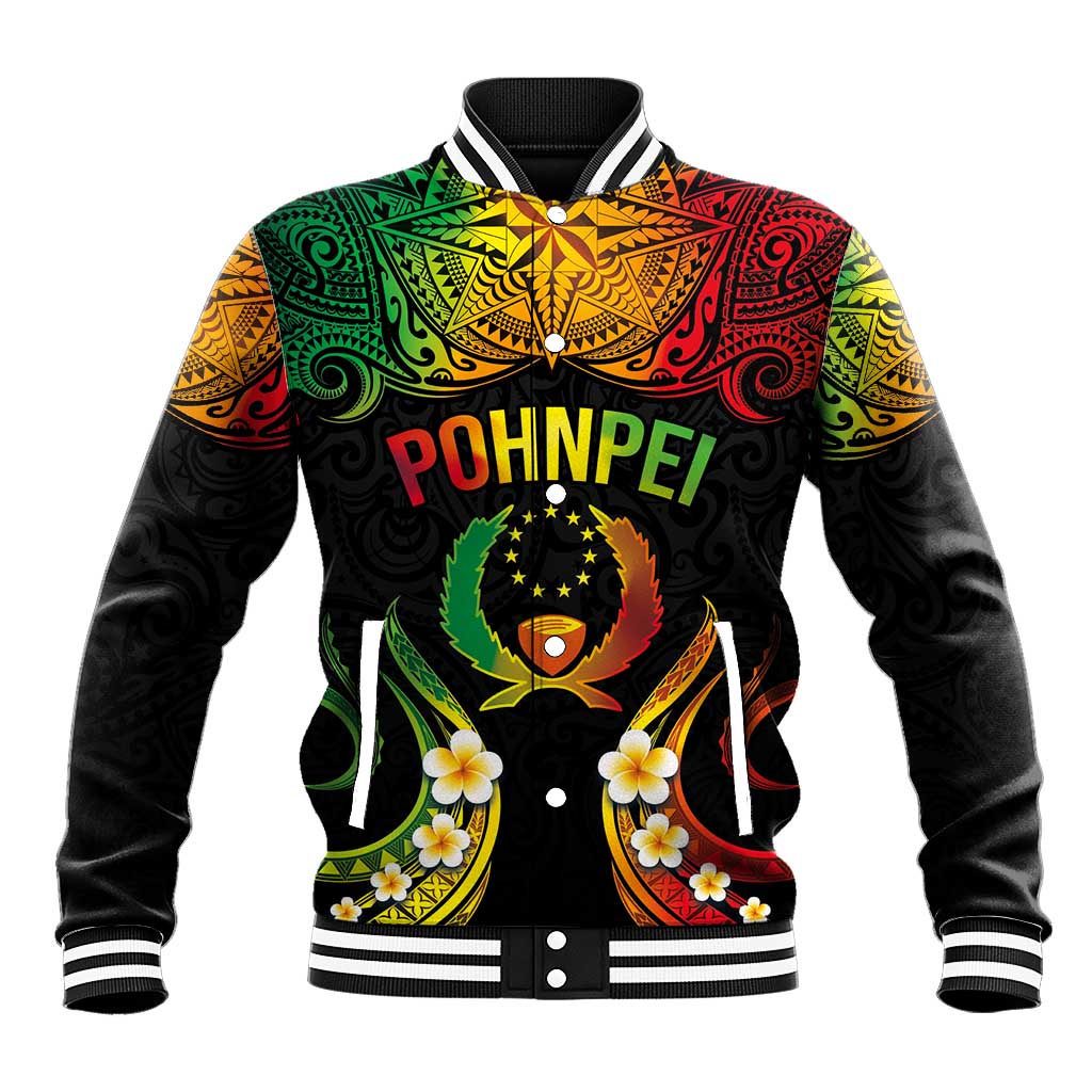 Personalised Pohnpei Independence Day Baseball Jacket Polynesian Tattoo and Plumeria Reggae Color