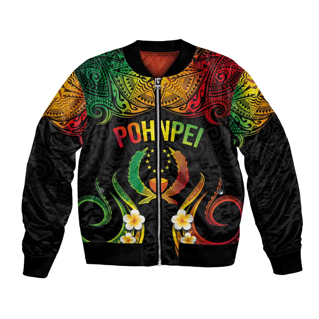 Personalised Pohnpei Independence Day Bomber Jacket Polynesian Tattoo and Plumeria Reggae Color