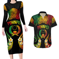Personalised Pohnpei Independence Day Couples Matching Long Sleeve Bodycon Dress and Hawaiian Shirt Polynesian Tattoo and Plumeria Reggae Color