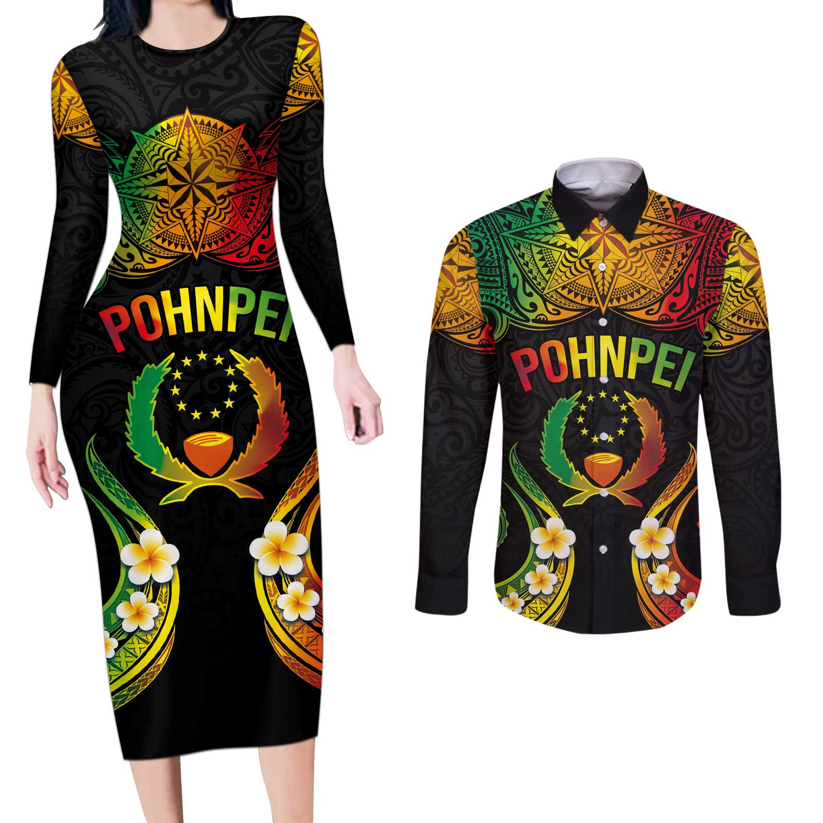 Personalised Pohnpei Independence Day Couples Matching Long Sleeve Bodycon Dress and Long Sleeve Button Shirt Polynesian Tattoo and Plumeria Reggae Color