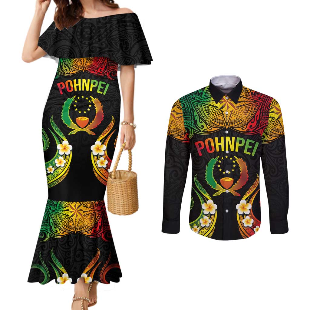 Personalised Pohnpei Independence Day Couples Matching Mermaid Dress and Long Sleeve Button Shirt Polynesian Tattoo and Plumeria Reggae Color