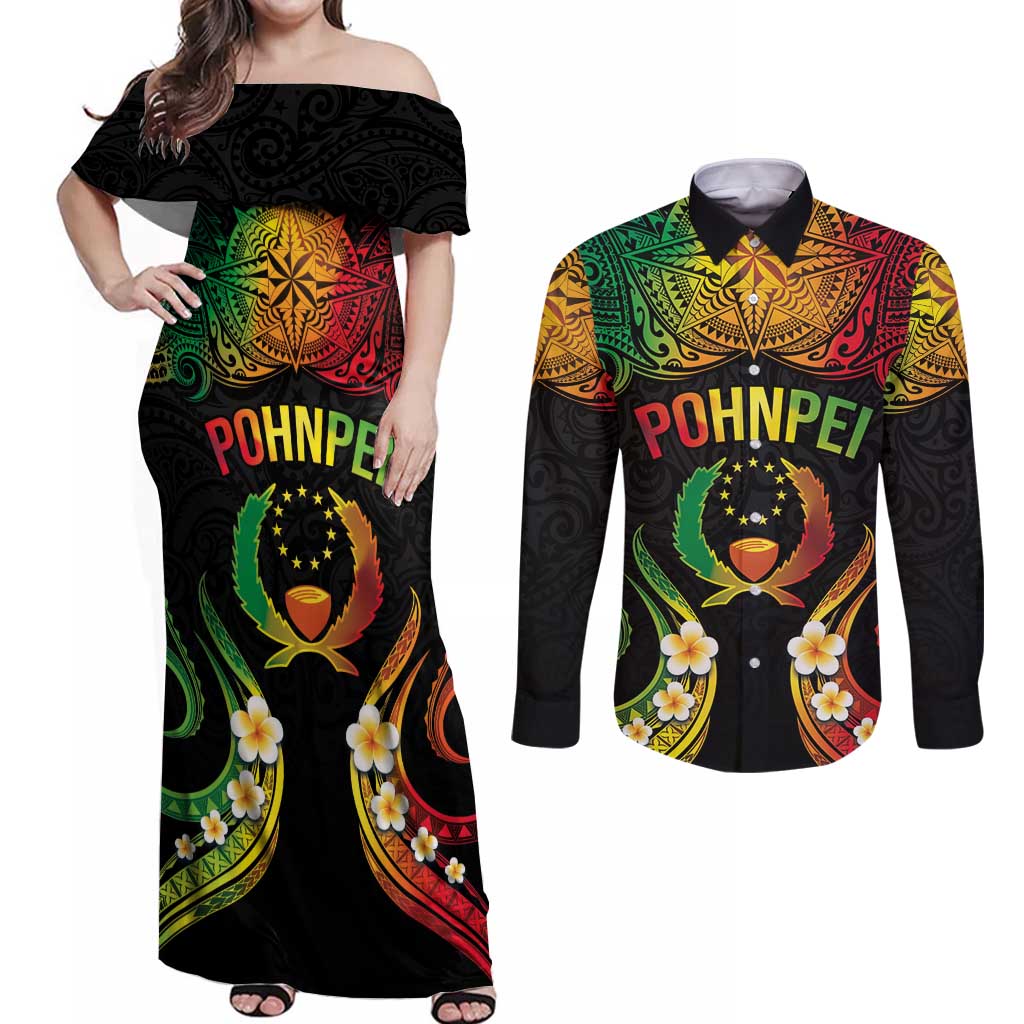 Personalised Pohnpei Independence Day Couples Matching Off Shoulder Maxi Dress and Long Sleeve Button Shirt Polynesian Tattoo and Plumeria Reggae Color