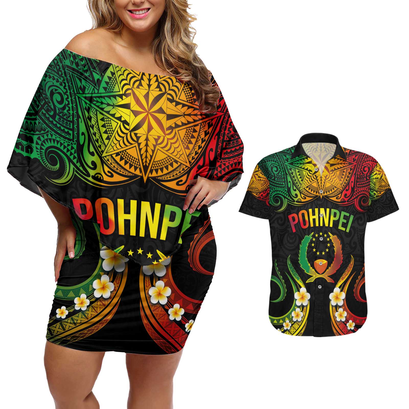 Personalised Pohnpei Independence Day Couples Matching Off Shoulder Short Dress and Hawaiian Shirt Polynesian Tattoo and Plumeria Reggae Color