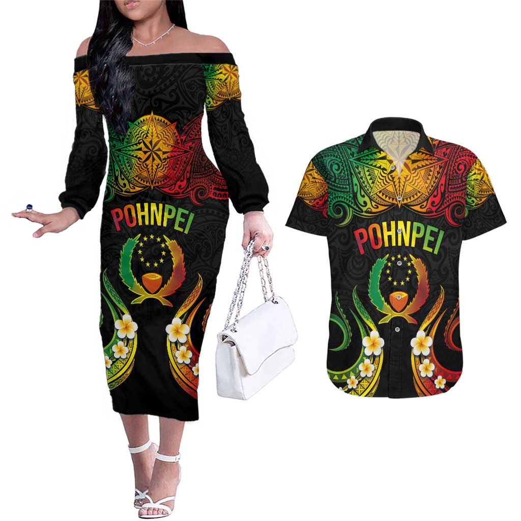 Personalised Pohnpei Independence Day Couples Matching Off The Shoulder Long Sleeve Dress and Hawaiian Shirt Polynesian Tattoo and Plumeria Reggae Color