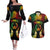 Personalised Pohnpei Independence Day Couples Matching Off The Shoulder Long Sleeve Dress and Hawaiian Shirt Polynesian Tattoo and Plumeria Reggae Color