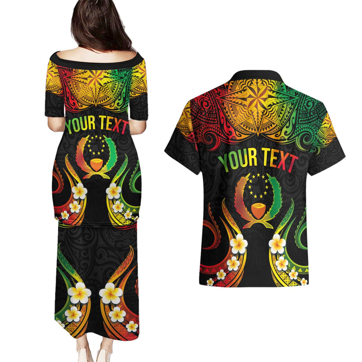 Personalised Pohnpei Independence Day Couples Matching Puletasi and Hawaiian Shirt Polynesian Tattoo and Plumeria Reggae Color