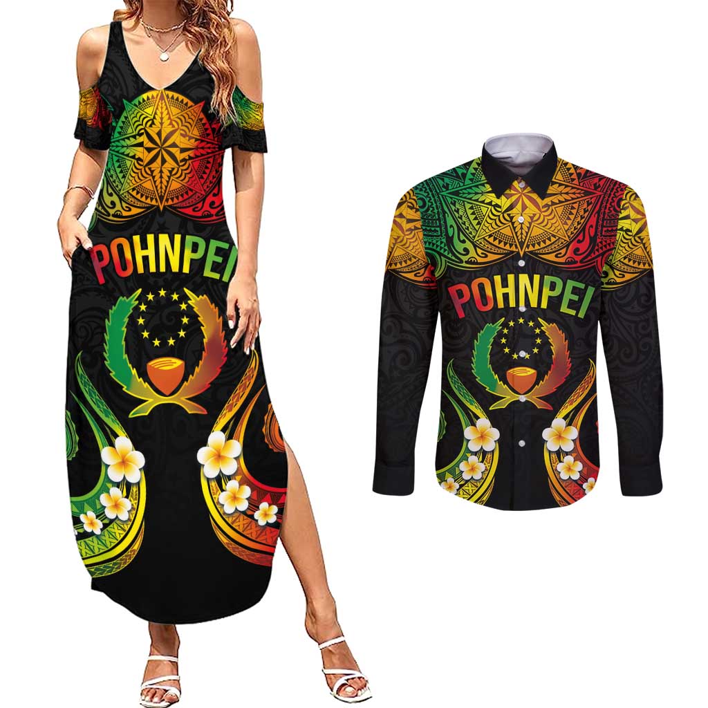 Personalised Pohnpei Independence Day Couples Matching Summer Maxi Dress and Long Sleeve Button Shirt Polynesian Tattoo and Plumeria Reggae Color