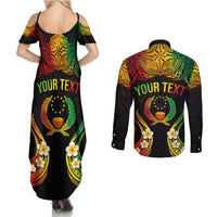 Personalised Pohnpei Independence Day Couples Matching Summer Maxi Dress and Long Sleeve Button Shirt Polynesian Tattoo and Plumeria Reggae Color