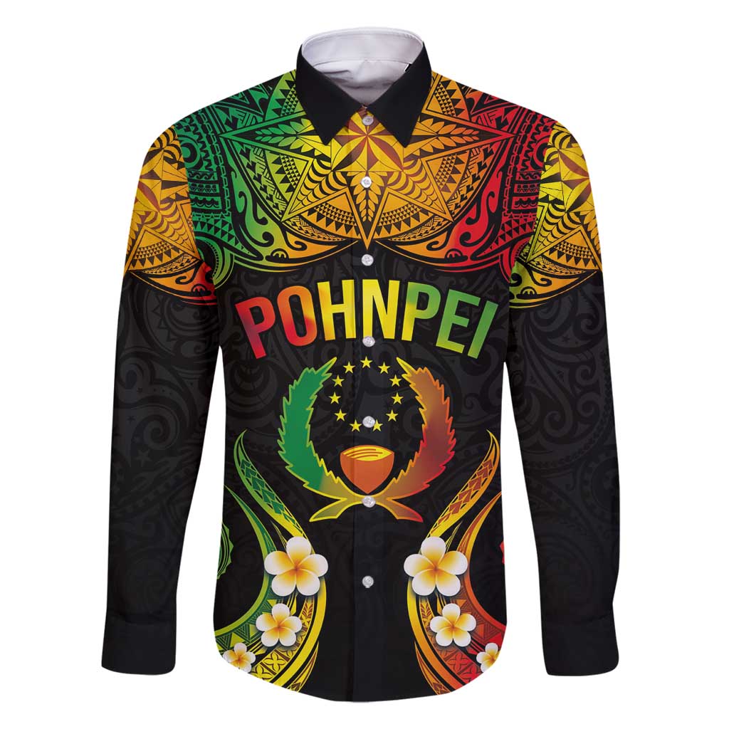 Personalised Pohnpei Independence Day Family Matching Long Sleeve Bodycon Dress and Hawaiian Shirt Polynesian Tattoo and Plumeria Reggae Color