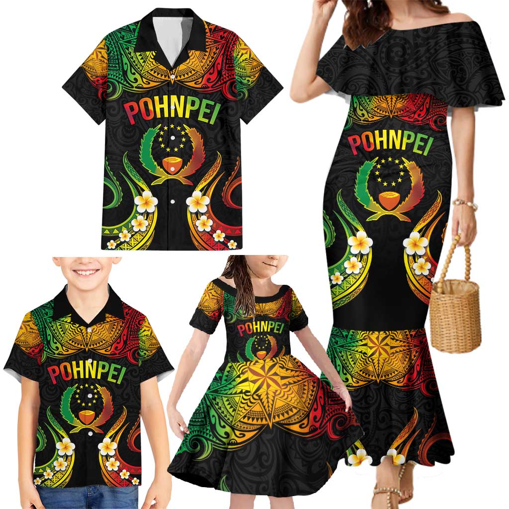 Personalised Pohnpei Independence Day Family Matching Mermaid Dress and Hawaiian Shirt Polynesian Tattoo and Plumeria Reggae Color