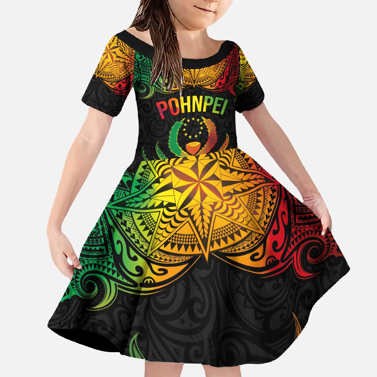 Personalised Pohnpei Independence Day Family Matching Off The Shoulder Long Sleeve Dress and Hawaiian Shirt Polynesian Tattoo and Plumeria Reggae Color