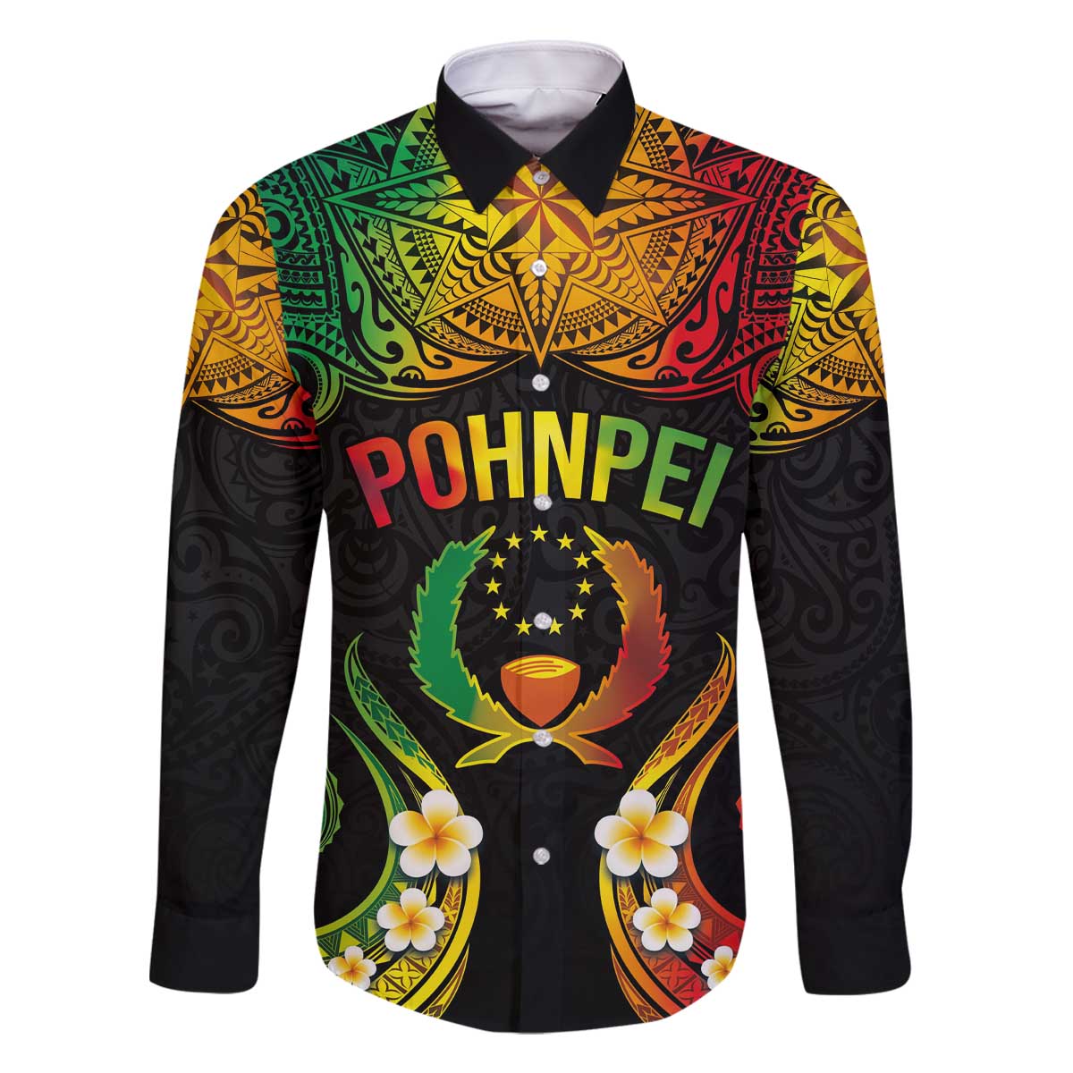 Personalised Pohnpei Independence Day Family Matching Off The Shoulder Long Sleeve Dress and Hawaiian Shirt Polynesian Tattoo and Plumeria Reggae Color