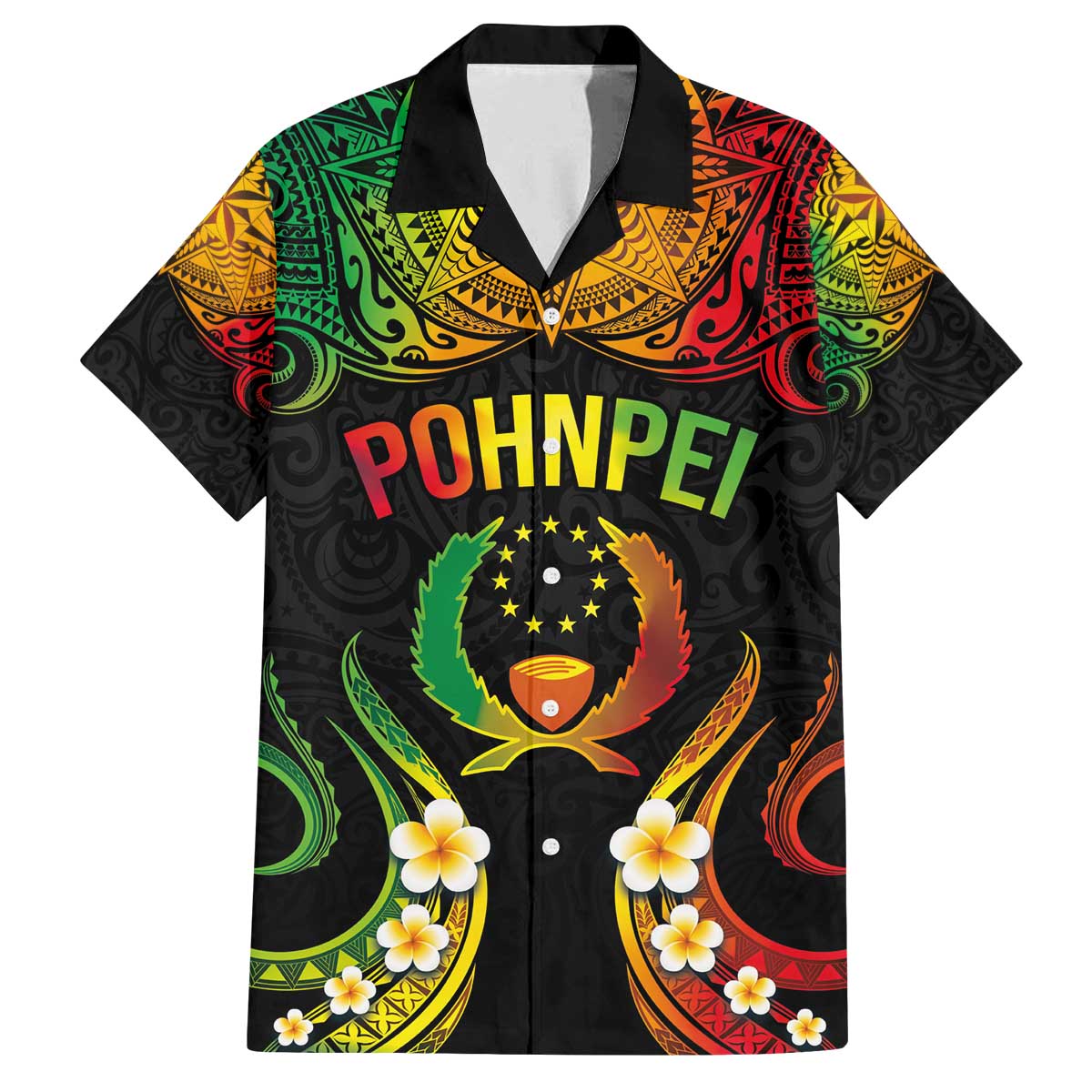 Personalised Pohnpei Independence Day Family Matching Off Shoulder Short Dress and Hawaiian Shirt Polynesian Tattoo and Plumeria Reggae Color