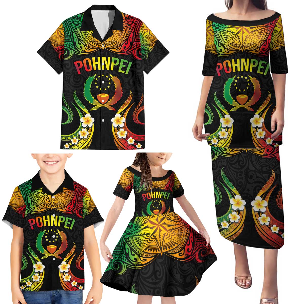 Personalised Pohnpei Independence Day Family Matching Puletasi and Hawaiian Shirt Polynesian Tattoo and Plumeria Reggae Color