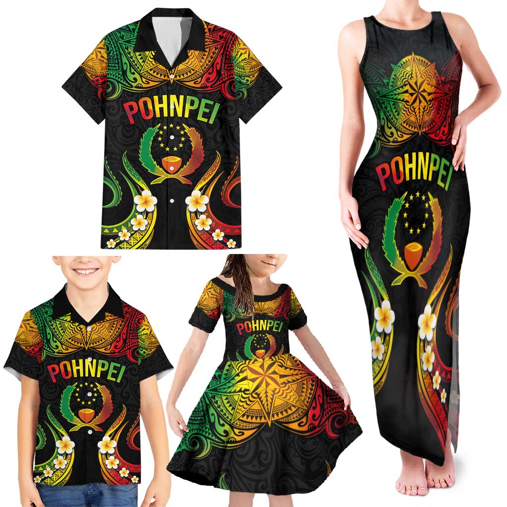 Personalised Pohnpei Independence Day Family Matching Tank Maxi Dress and Hawaiian Shirt Polynesian Tattoo and Plumeria Reggae Color