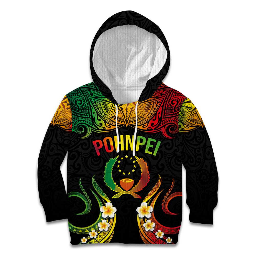 Personalised Pohnpei Independence Day Kid Hoodie Polynesian Tattoo and Plumeria Reggae Color