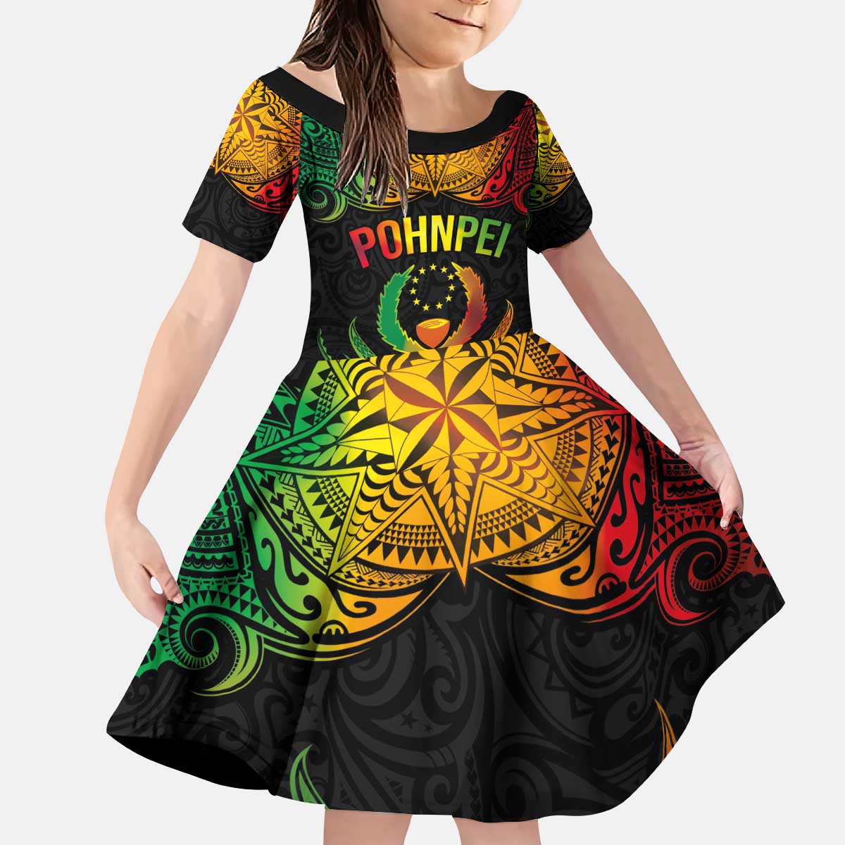 Personalised Pohnpei Independence Day Kid Short Sleeve Dress Polynesian Tattoo and Plumeria Reggae Color