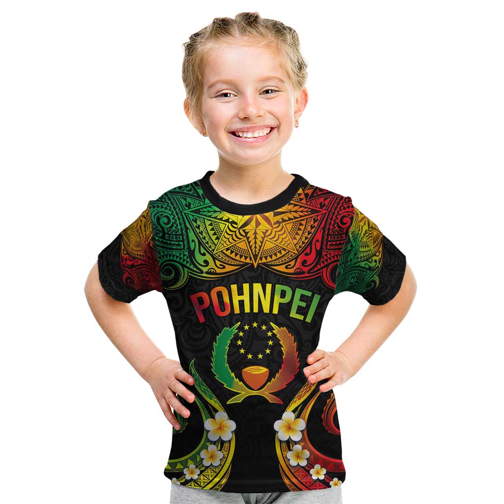 Personalised Pohnpei Independence Day Kid T Shirt Polynesian Tattoo and Plumeria Reggae Color