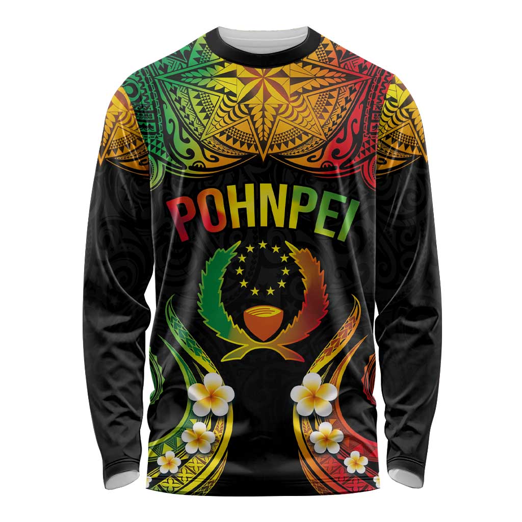 Personalised Pohnpei Independence Day Long Sleeve Shirt Polynesian Tattoo and Plumeria Reggae Color