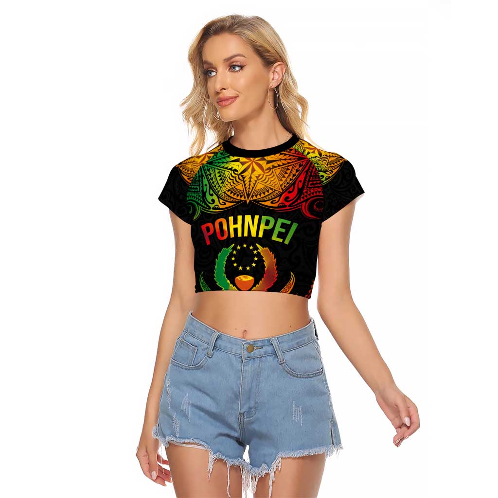 Personalised Pohnpei Independence Day Raglan Cropped T Shirt Polynesian Tattoo and Plumeria Reggae Color