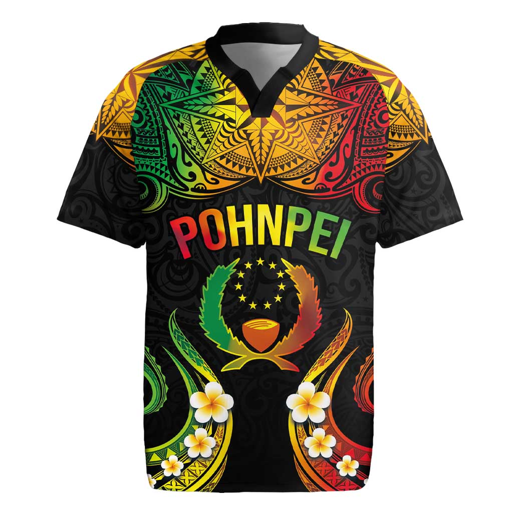 Personalised Pohnpei Independence Day Rugby Jersey Polynesian Tattoo and Plumeria Reggae Color