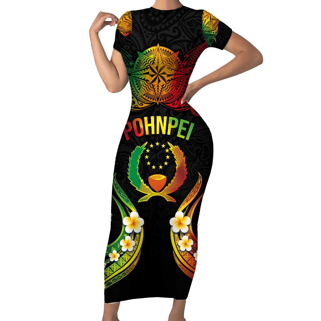 Personalised Pohnpei Independence Day Short Sleeve Bodycon Dress Polynesian Tattoo and Plumeria Reggae Color