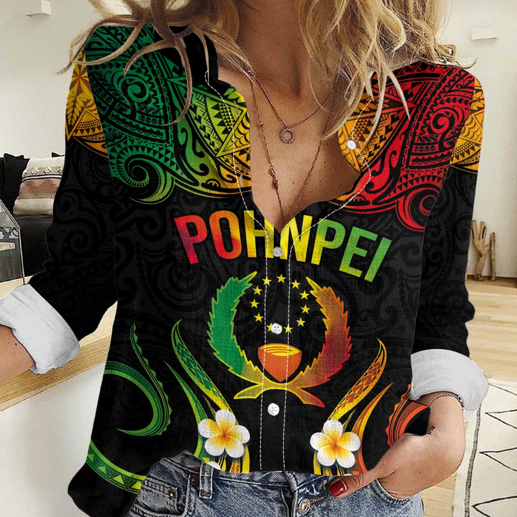 Personalised Pohnpei Independence Day Women Casual Shirt Polynesian Tattoo and Plumeria Reggae Color