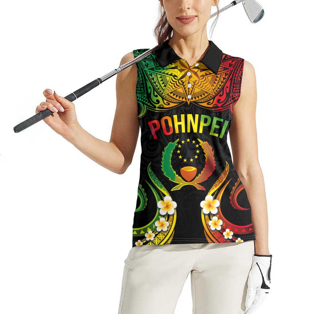 Personalised Pohnpei Independence Day Women Sleeveless Polo Shirt Polynesian Tattoo and Plumeria Reggae Color