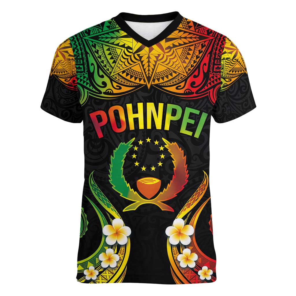 Personalised Pohnpei Independence Day Women V-Neck T-Shirt Polynesian Tattoo and Plumeria Reggae Color