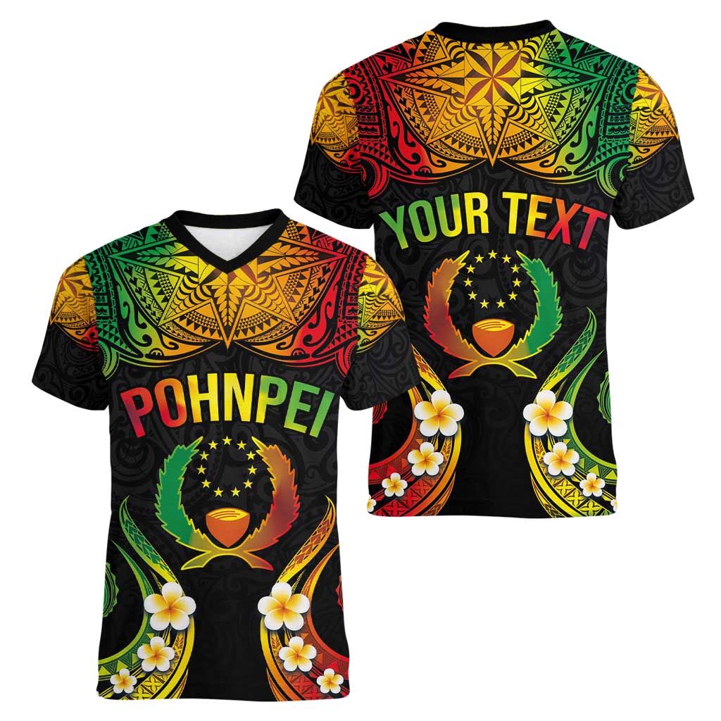 Personalised Pohnpei Independence Day Women V-Neck T-Shirt Polynesian Tattoo and Plumeria Reggae Color