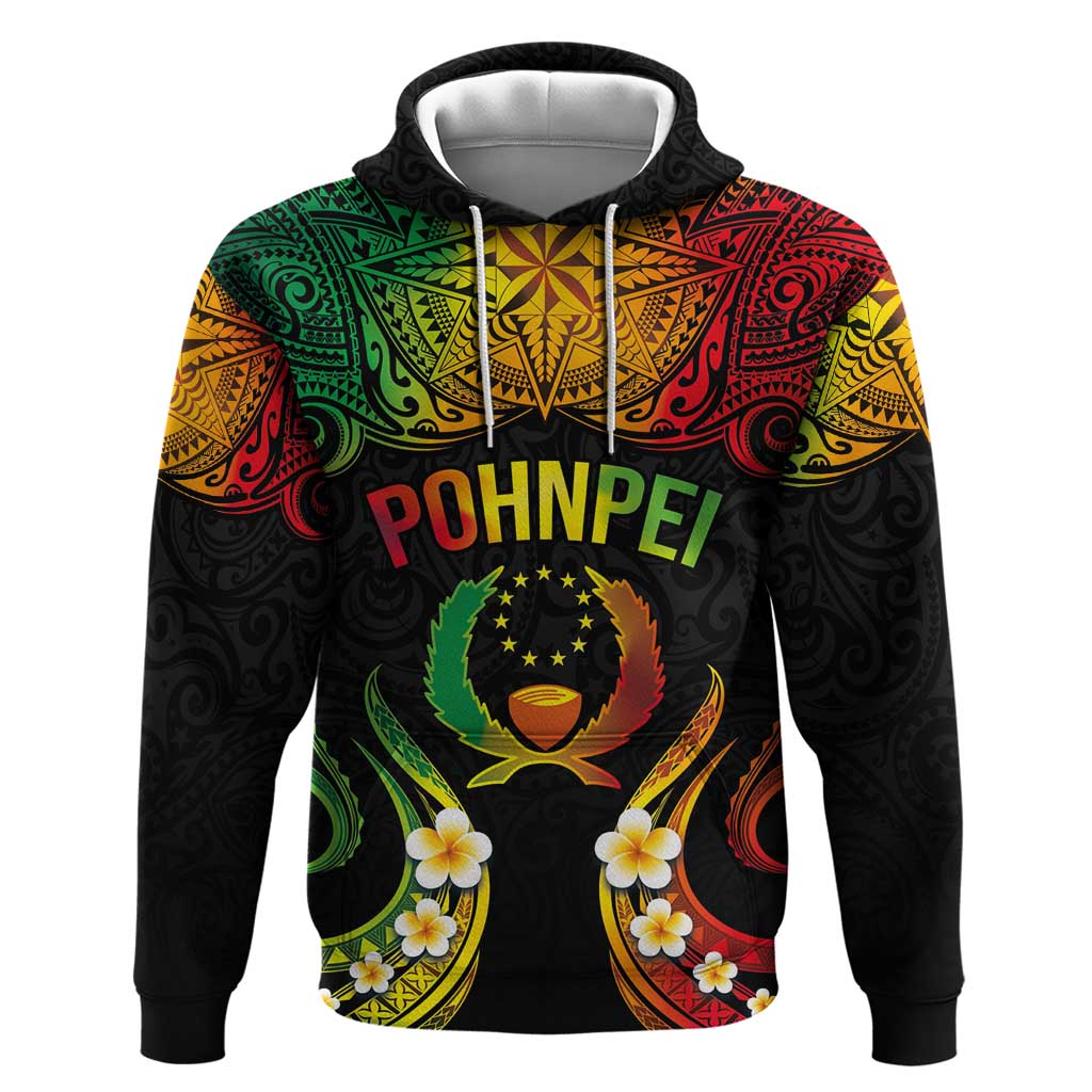 Personalised Pohnpei Independence Day Zip Hoodie Polynesian Tattoo and Plumeria Reggae Color