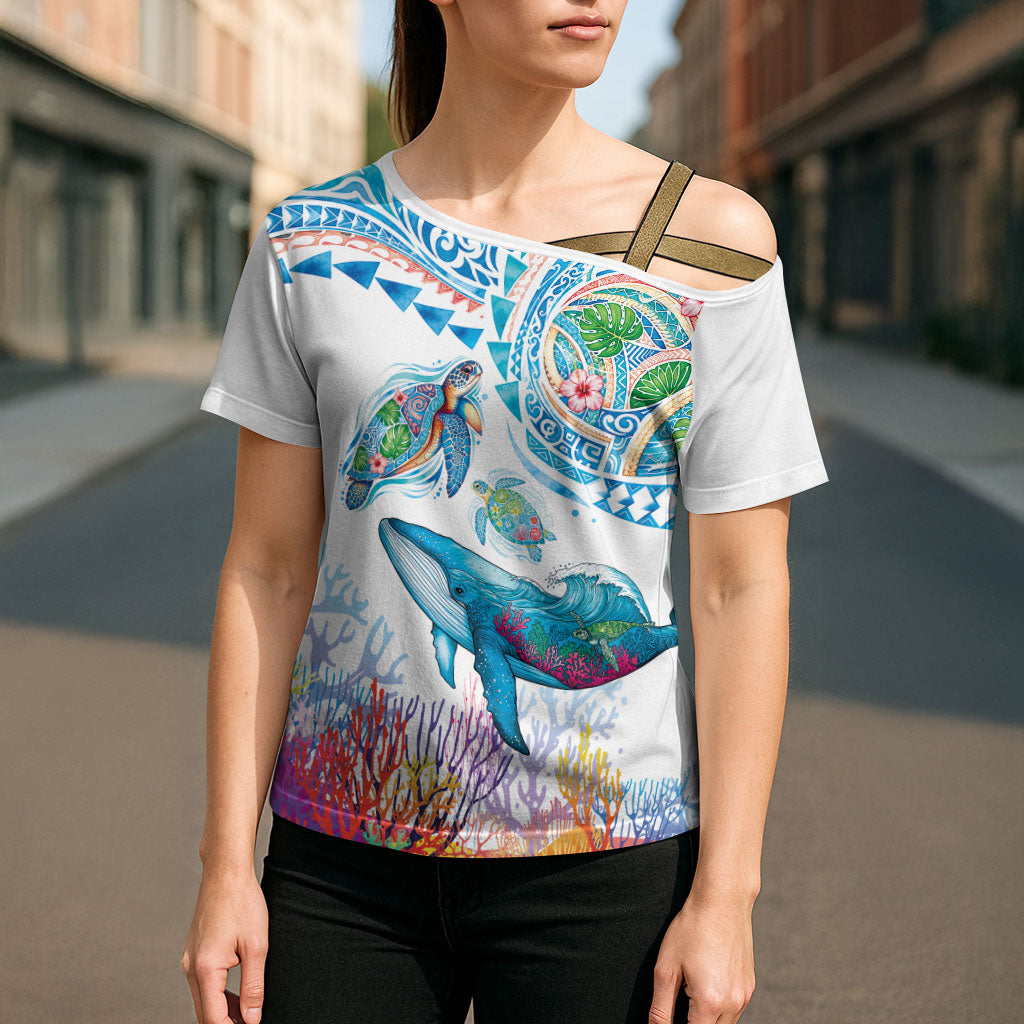 Hawaiian Turtles and Whales Cross Shoulder Shirt Polynesian Tropical Tattoo Ocean Style LT03 - Polynesian Pride