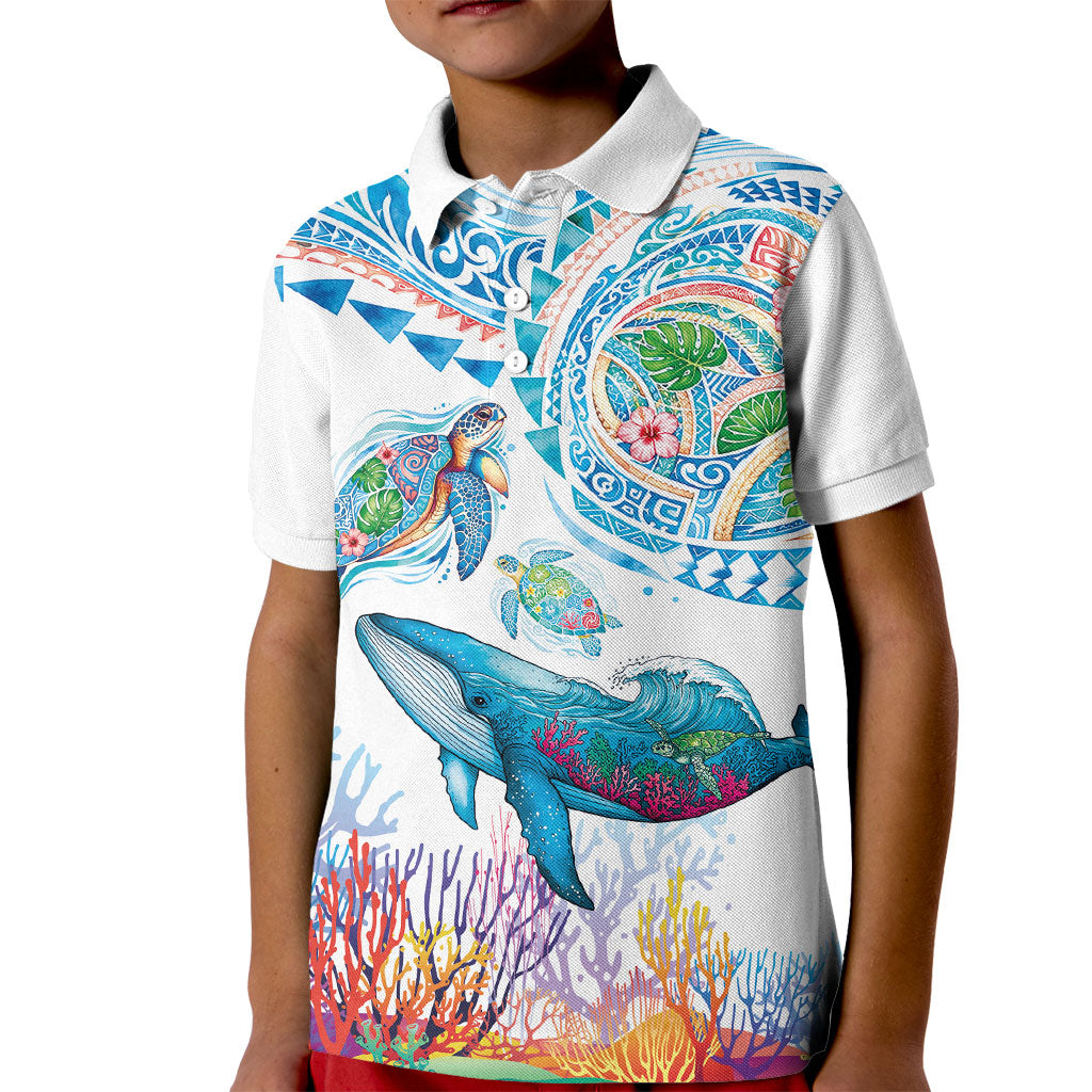 Hawaiian Turtles and Whales Kid Polo Shirt Polynesian Tropical Tattoo Ocean Style LT03 Kid Multicolor - Polynesian Pride
