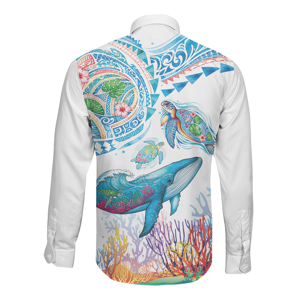 Hawaiian Turtles and Whales Long Sleeve Button Shirt Polynesian Tropical Tattoo Ocean Style LT03 - Polynesian Pride