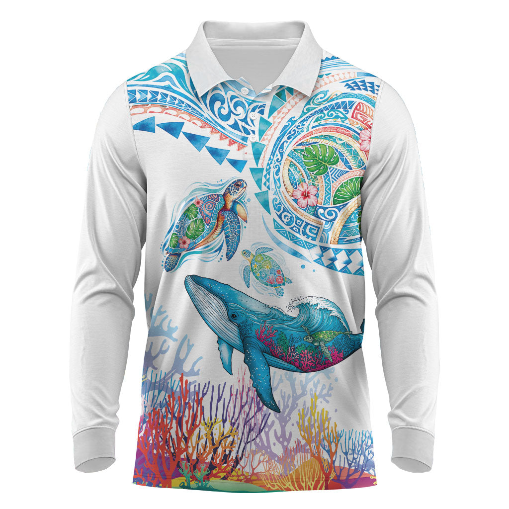 Hawaiian Turtles and Whales Long Sleeve Polo Shirt Polynesian Tropical Tattoo Ocean Style LT03 Multicolor - Polynesian Pride