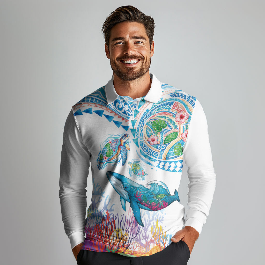 Hawaiian Turtles and Whales Long Sleeve Polo Shirt Polynesian Tropical Tattoo Ocean Style LT03 - Polynesian Pride