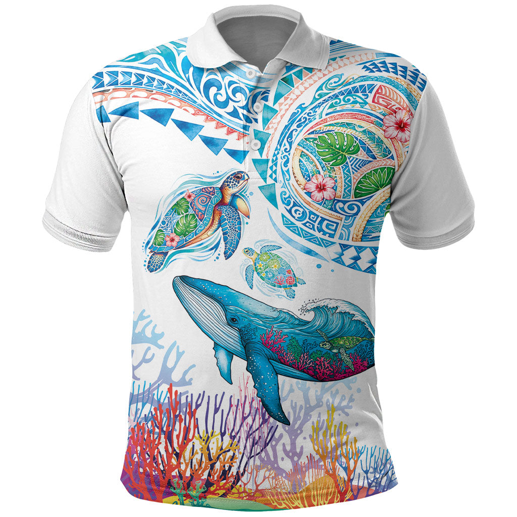 Hawaiian Turtles and Whales Polo Shirt Polynesian Tropical Tattoo Ocean Style LT03 Multicolor - Polynesian Pride