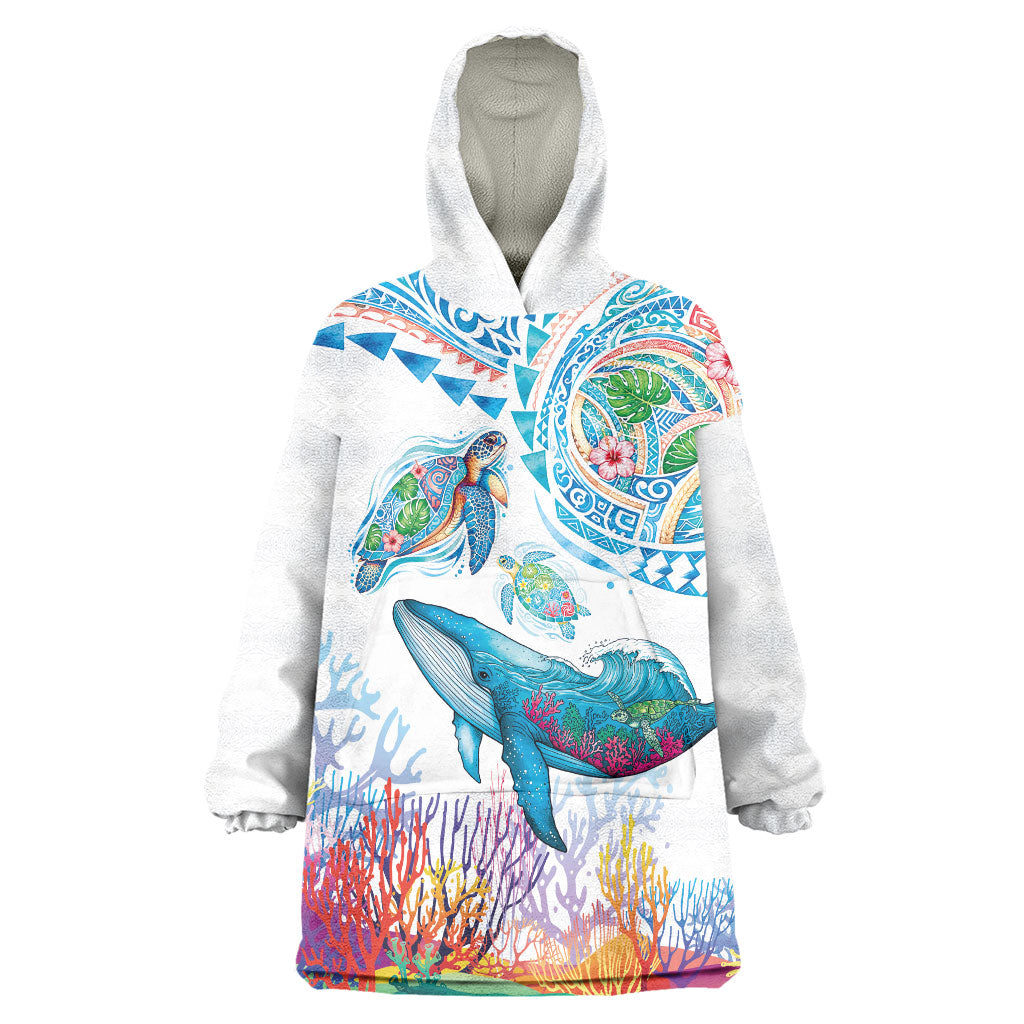 Hawaiian Turtles and Whales Wearable Blanket Hoodie Polynesian Tropical Tattoo Ocean Style LT03 One Size Multicolor - Polynesian Pride