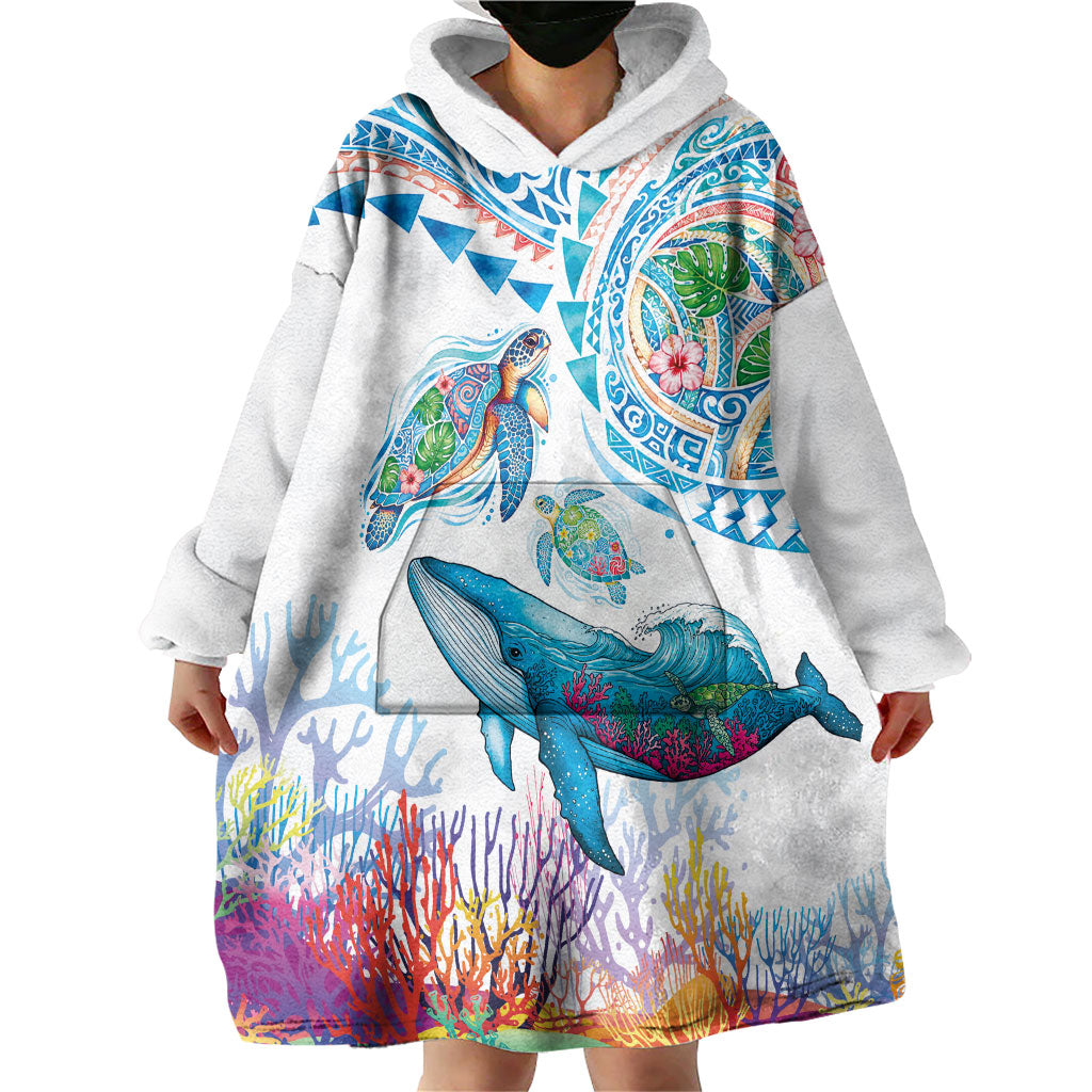 Hawaiian Turtles and Whales Wearable Blanket Hoodie Polynesian Tropical Tattoo Ocean Style LT03 - Polynesian Pride