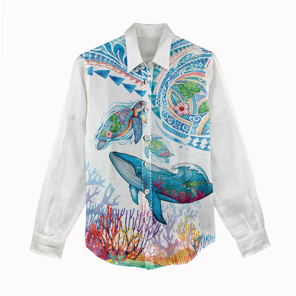 Hawaiian Turtles and Whales Women Casual Shirt Polynesian Tropical Tattoo Ocean Style LT03 - Polynesian Pride